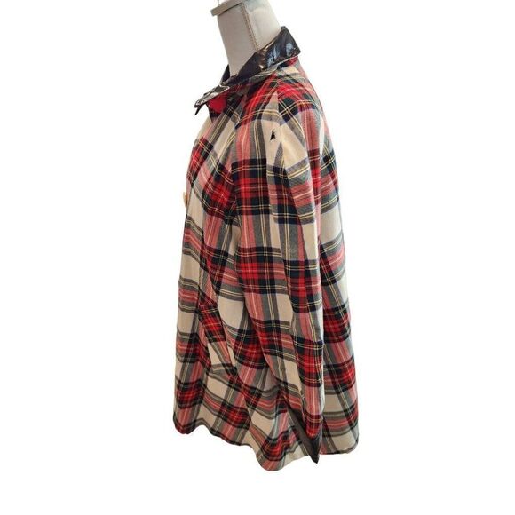 Vintage Mod Red White Plaid Reversible Patent Vinyl Raincoat Wool Swing Coat - Picture 5 of 13